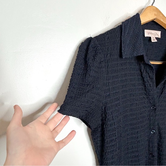 Philosophy Womens‎ Textured Short Sleeve Button Front Shirt Navy Blue Medium M - Picture 6 of 8